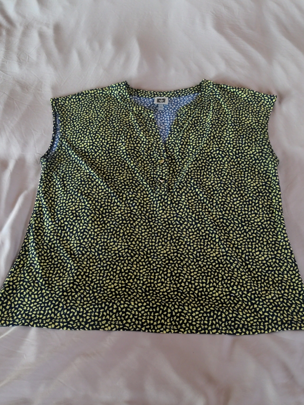 Anne Klein Sleeveless Blouse Size Large Blue Yellow Abstract Confetti Print Top